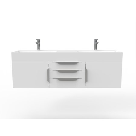 CASTELLO USA Amazon 60" Wall Mounted White Vanity With White Top And Chrome Handles CB-MC-60W-CHR-2056-WH